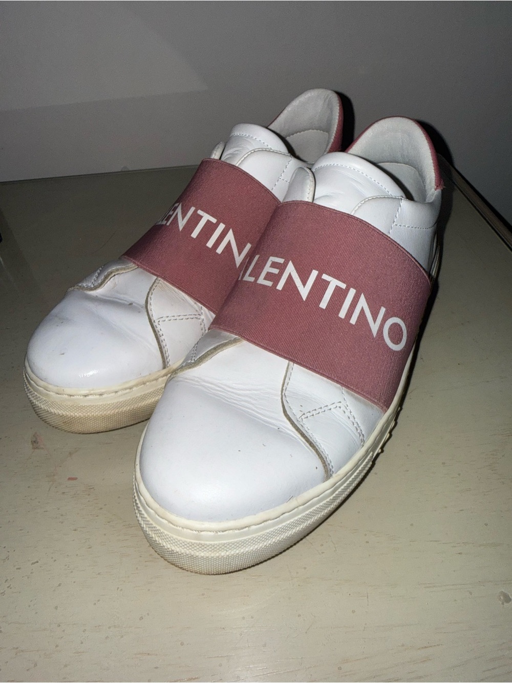 Valentino White Leather Sneakers with Pink Elastic Logo Band